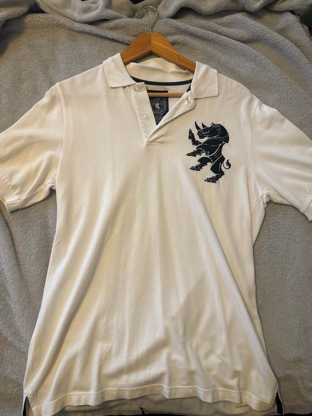 Ecko Unltd. The Royal Rhino White Polo Shirt with Large Black Embroidered Lion-R
